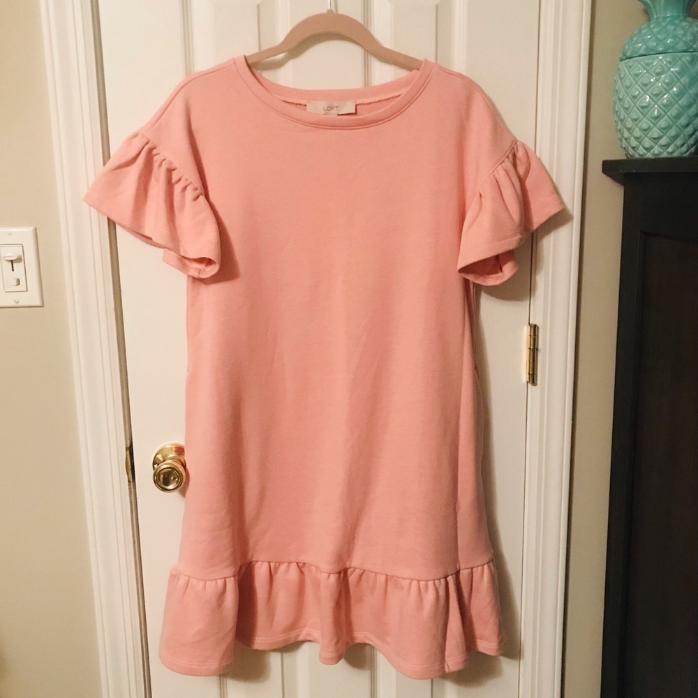 NWT Loft pink sweatshirt dress with flounce trim sleeves and hemline - Picture 3 of 9